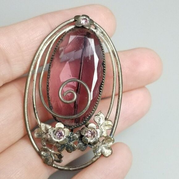 Vintage Sterling Silver Oval Purple Glass Floral Brooch, Retro Lapel Pin, Estate - Picture 6 of 7